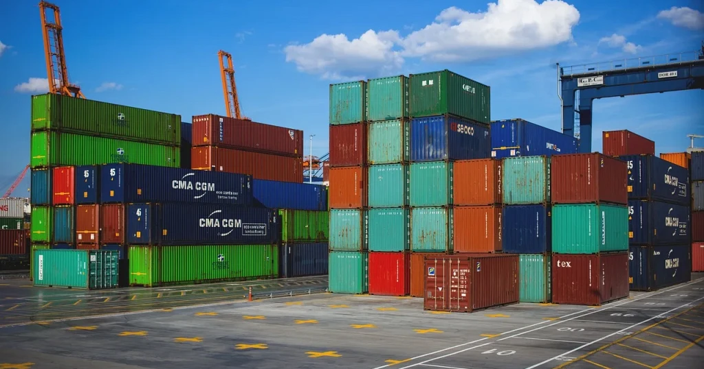 Stacked shipping containers in a port yard under a clear blue sky