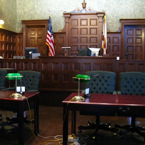 Sala de corte vacía con paneles de madera, banderas de Estados Unidos y de Florida, y las mesas de los abogados