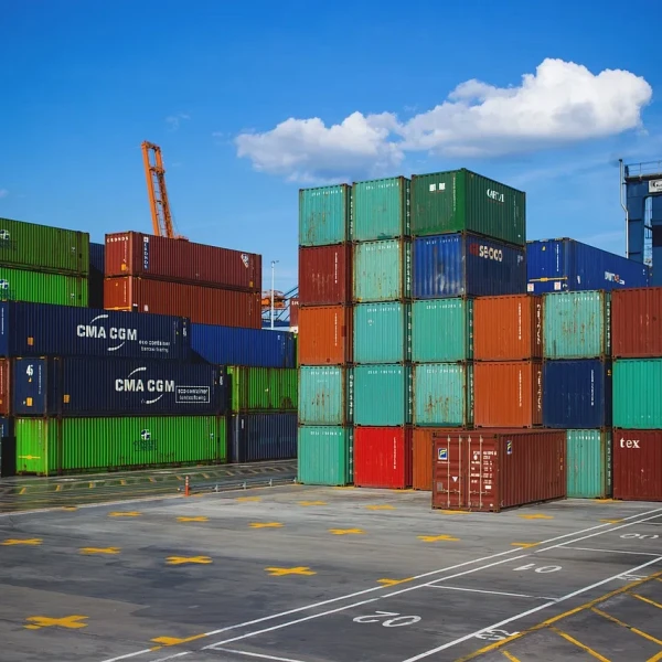 Stacked shipping containers in a port yard under a clear blue sky